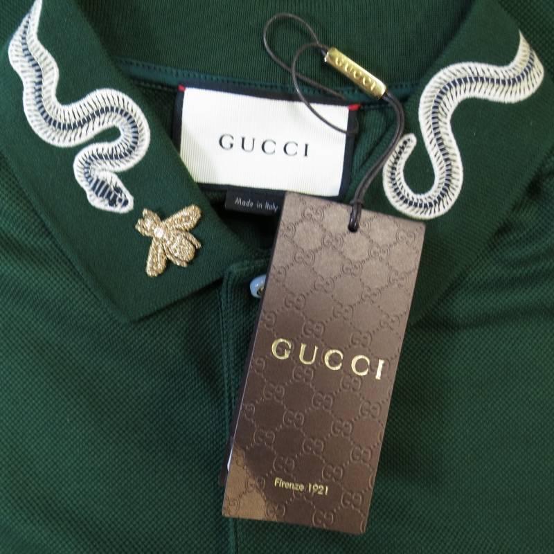 GUCCI Size S Mens Green Pique Snake and Gold Fly Applique Collar POLO