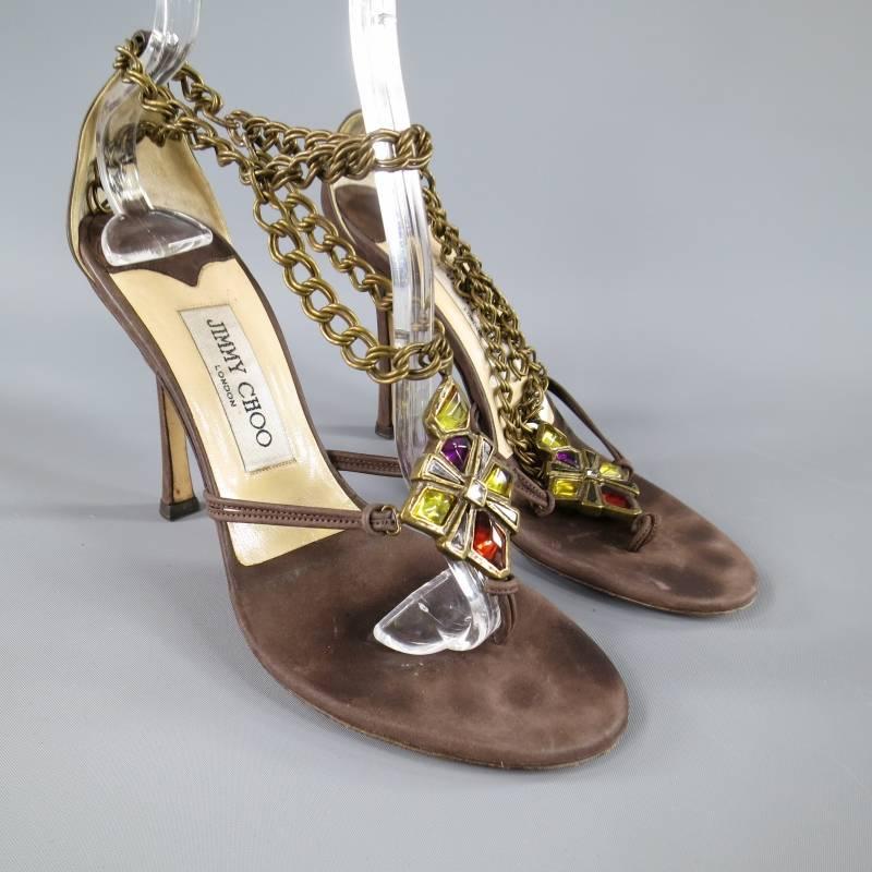 JIMMY CHOO 7.5 Taupe Brown LeatherGold Chain Gem Cross Strap Sandals In Excellent Condition In San Francisco, CA