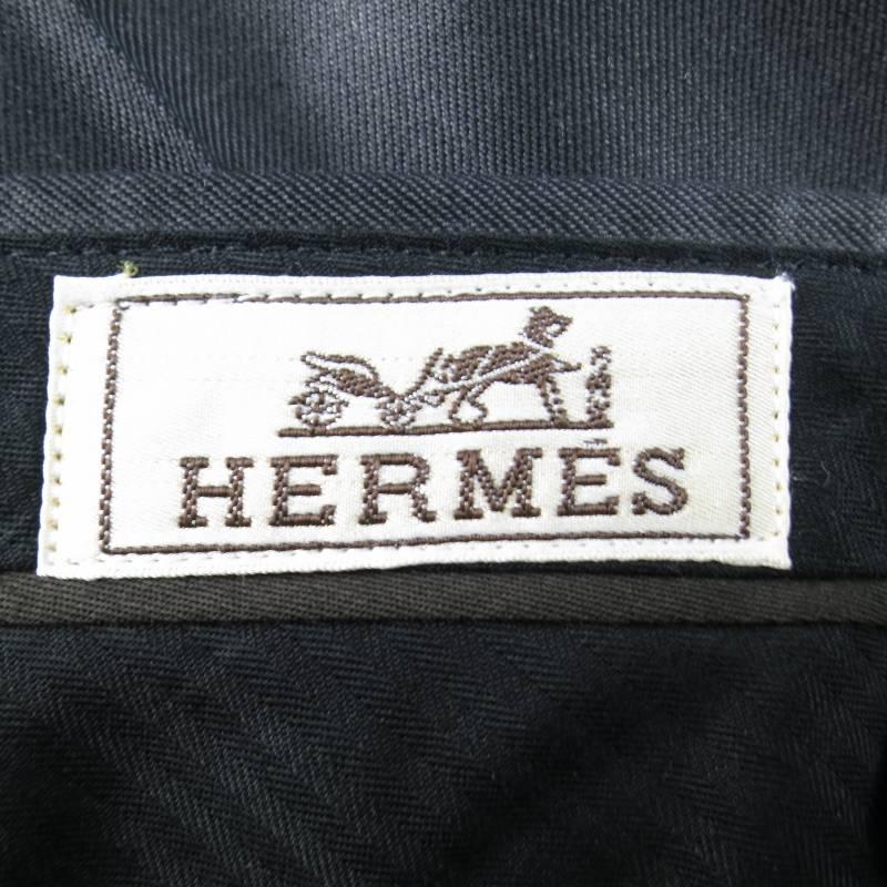 HERMES Size 32 Black Wool Leather Tab Waist Dress Pants 4