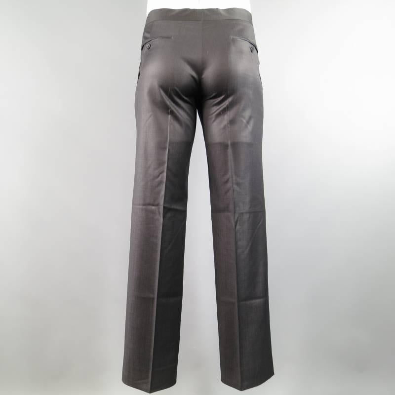 HERMES Size 32 Black Wool Leather Tab Waist Dress Pants 1