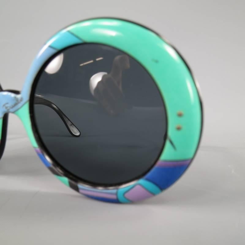 Vintage 1970's EMILIO PUCCI Blue & Purple Round Printed Acetate Sunglasses 1