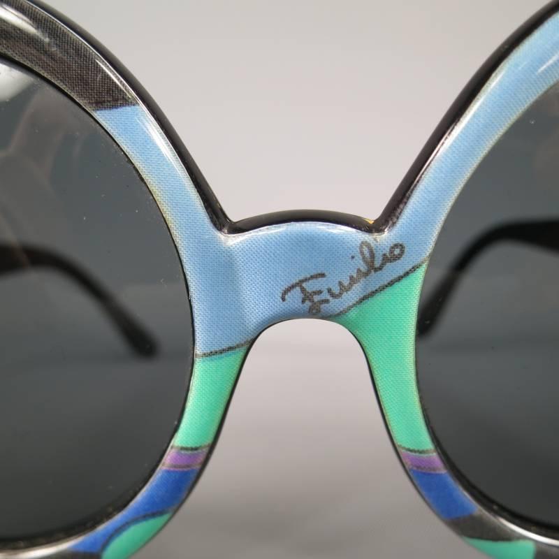 Vintage 1970's EMILIO PUCCI Blue & Purple Round Printed Acetate Sunglasses In Excellent Condition In San Francisco, CA