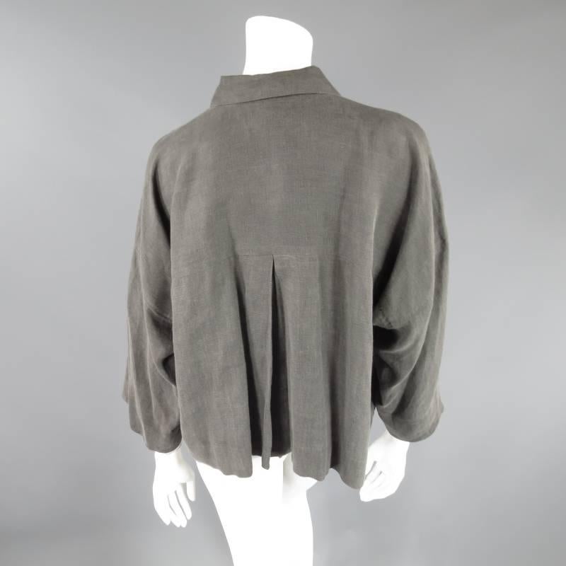 Women's ISSEY MIYAKE Size S Charcoal Linen Slouch Shoulder Blouse