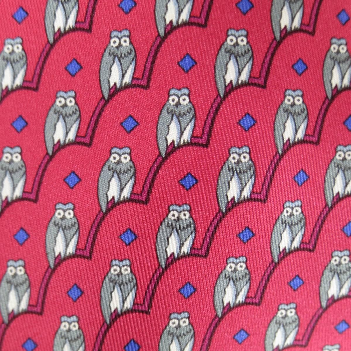 Gray HERMES Red & Blue Owl Silk Tie Set