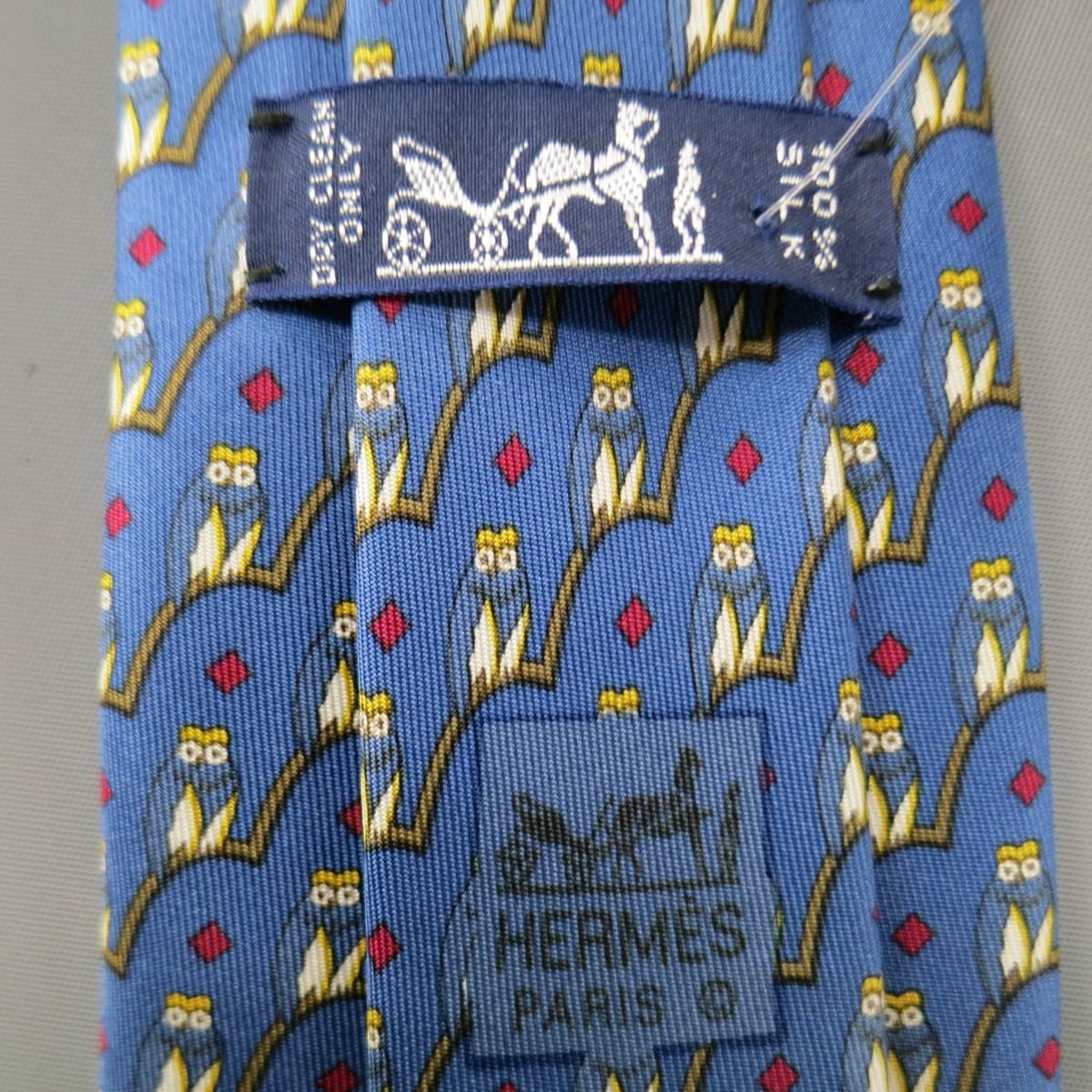 HERMES Red & Blue Owl Silk Tie Set 1