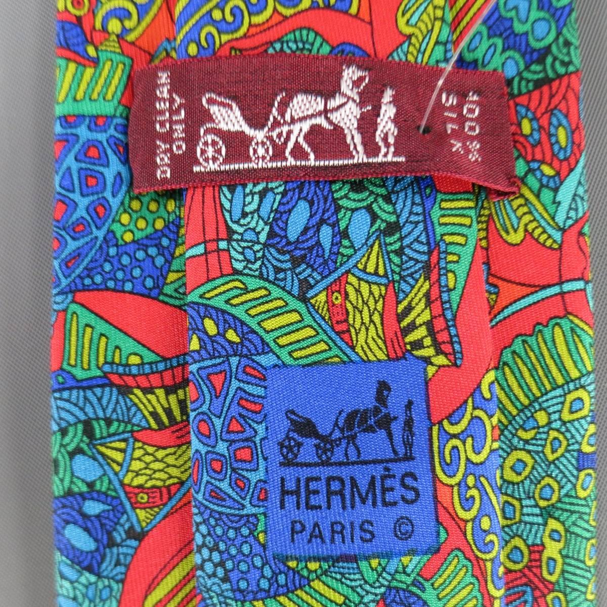 HERMES Paisley Fish, Lion & Elephant Safari Silk Tie Set In Excellent Condition In San Francisco, CA