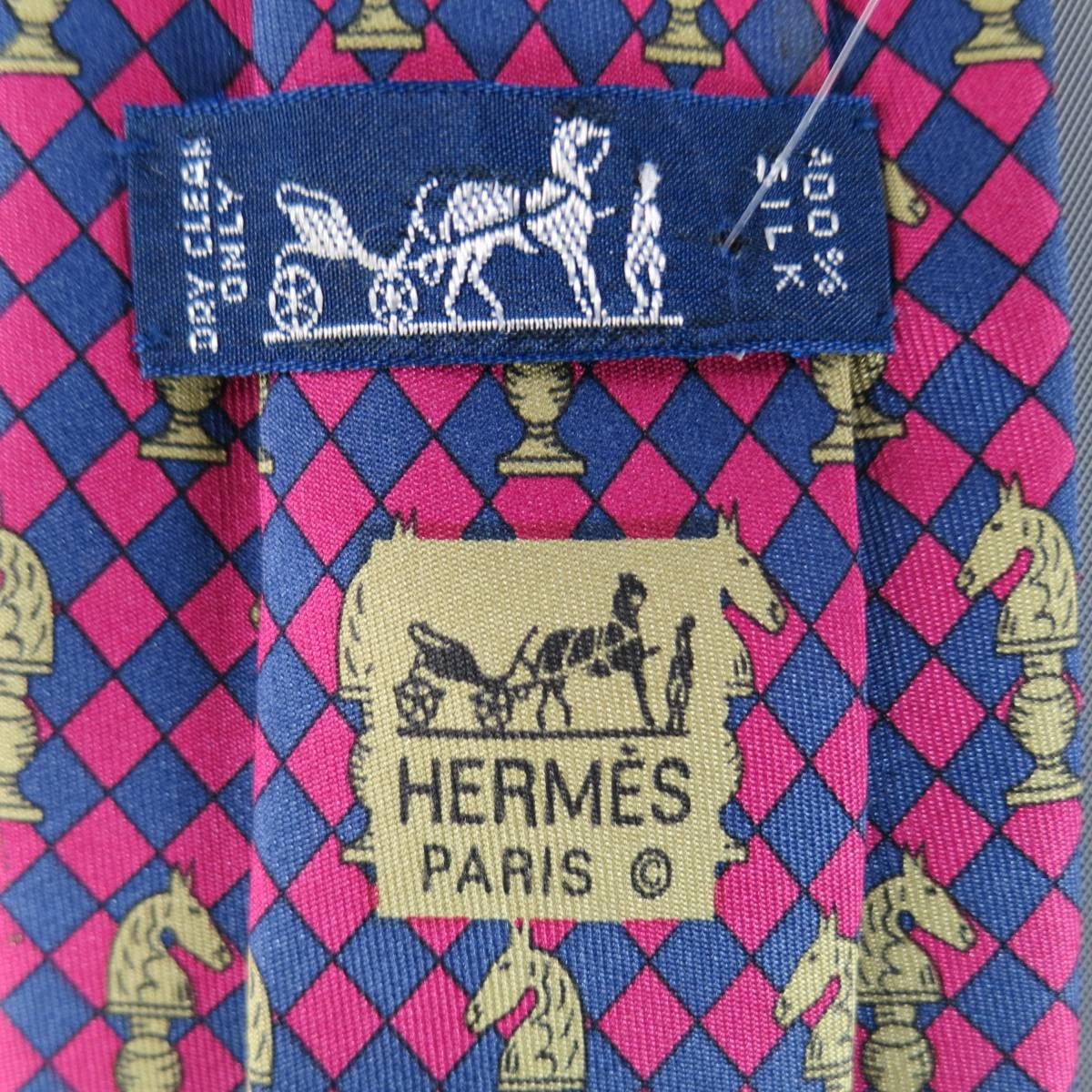 Women's or Men's HERMES Chevron Horseshoe & Checkered Knight Silk Tie Set