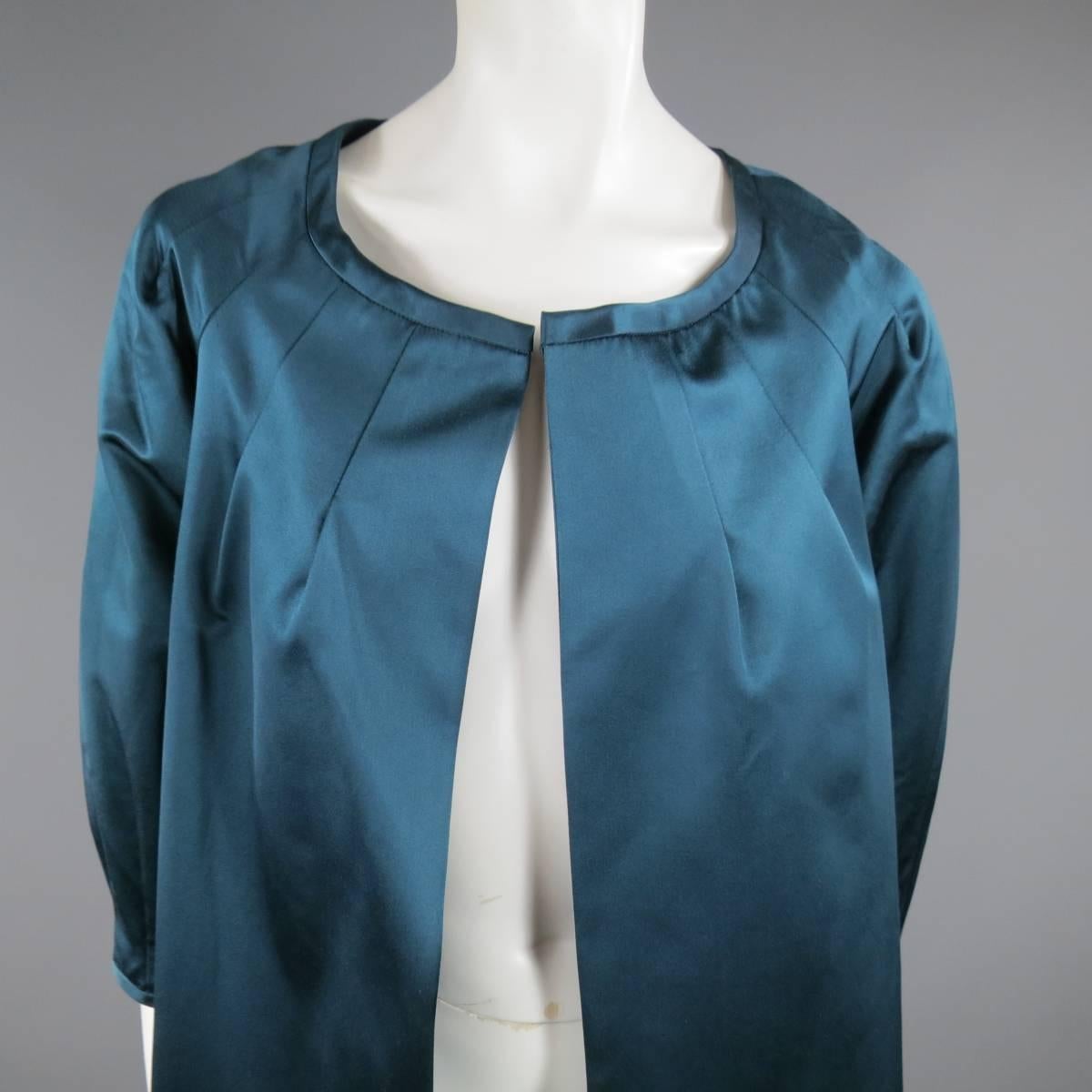 BARBARA TFANK Size 6 Teal Silk Satin Open Pleated Sleeve Evening Coat 1