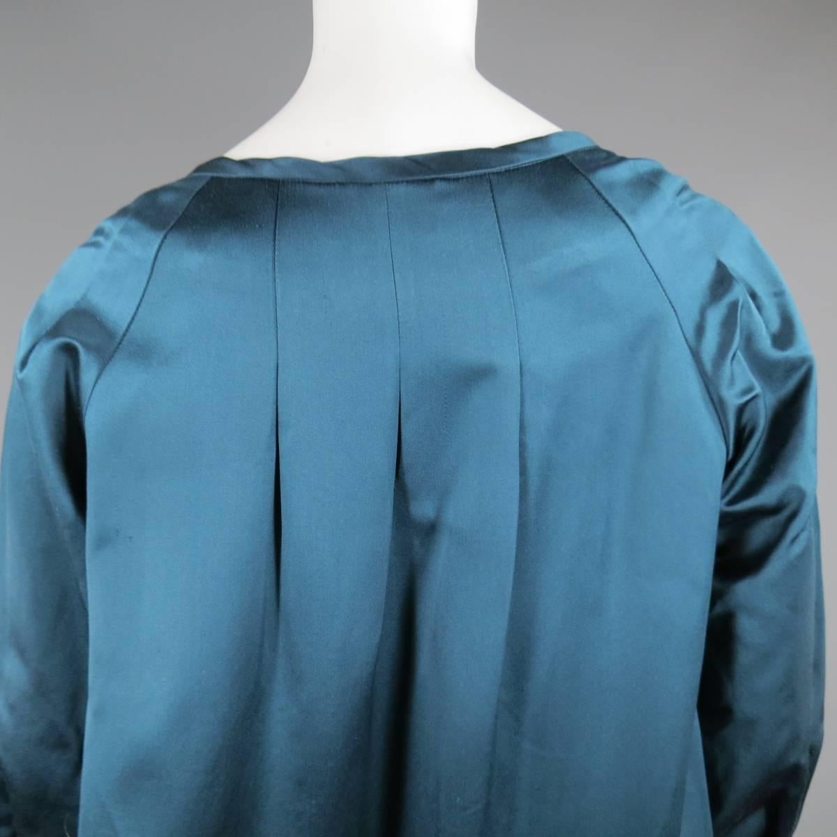 BARBARA TFANK Size 6 Teal Silk Satin Open Pleated Sleeve Evening Coat 3