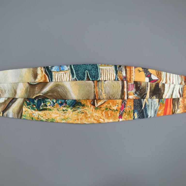 Men's Vintage HERMES Beige Rustic Wilderness Print Silk Bow Tie