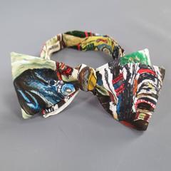 Men's Vintage HERMES Beige Rustic Wilderness Print Silk Bow Tie Cummerbund Set