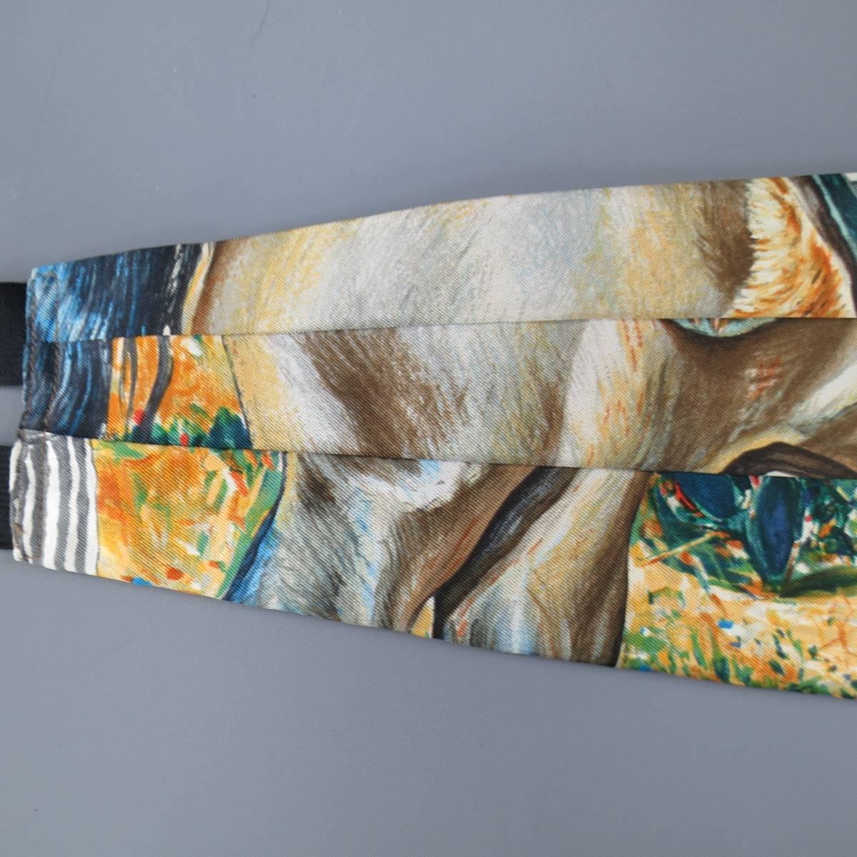 Men's Vintage HERMES Beige Rustic Wilderness Print Silk Bow Tie Cummerbund Set In Excellent Condition In San Francisco, CA