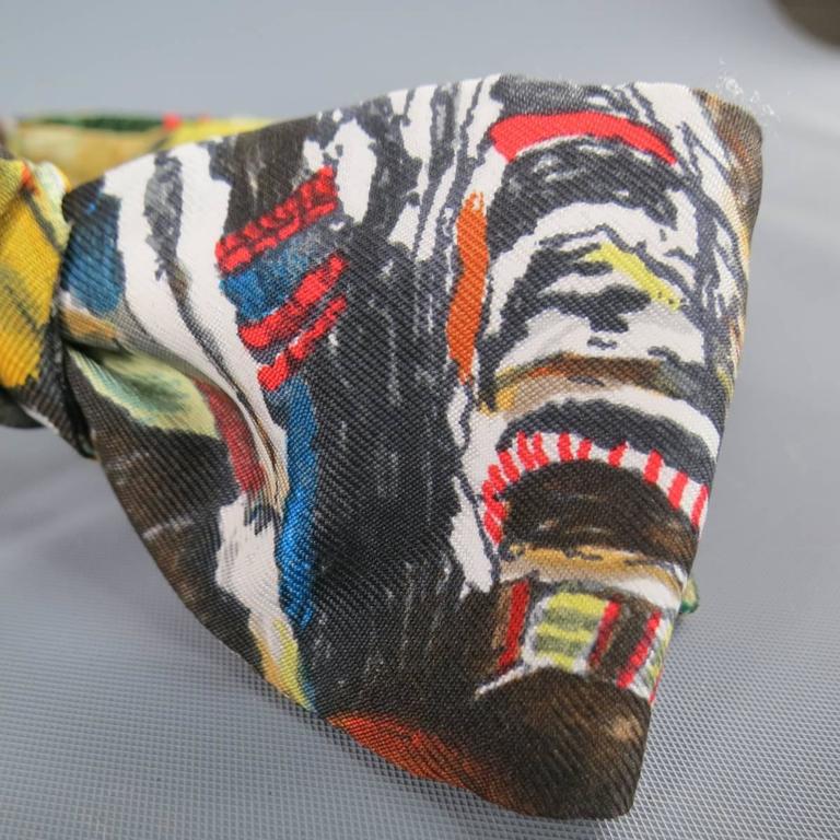 Men's Vintage HERMES Beige Rustic Wilderness Print Silk Bow Tie