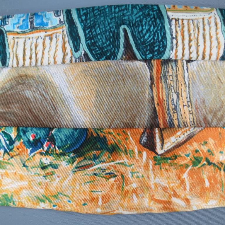 Men's Vintage HERMES Beige Rustic Wilderness Print Silk Bow Tie