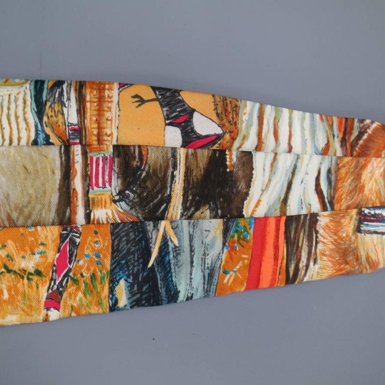 Men's Vintage HERMES Beige Rustic Wilderness Print Silk Bow Tie