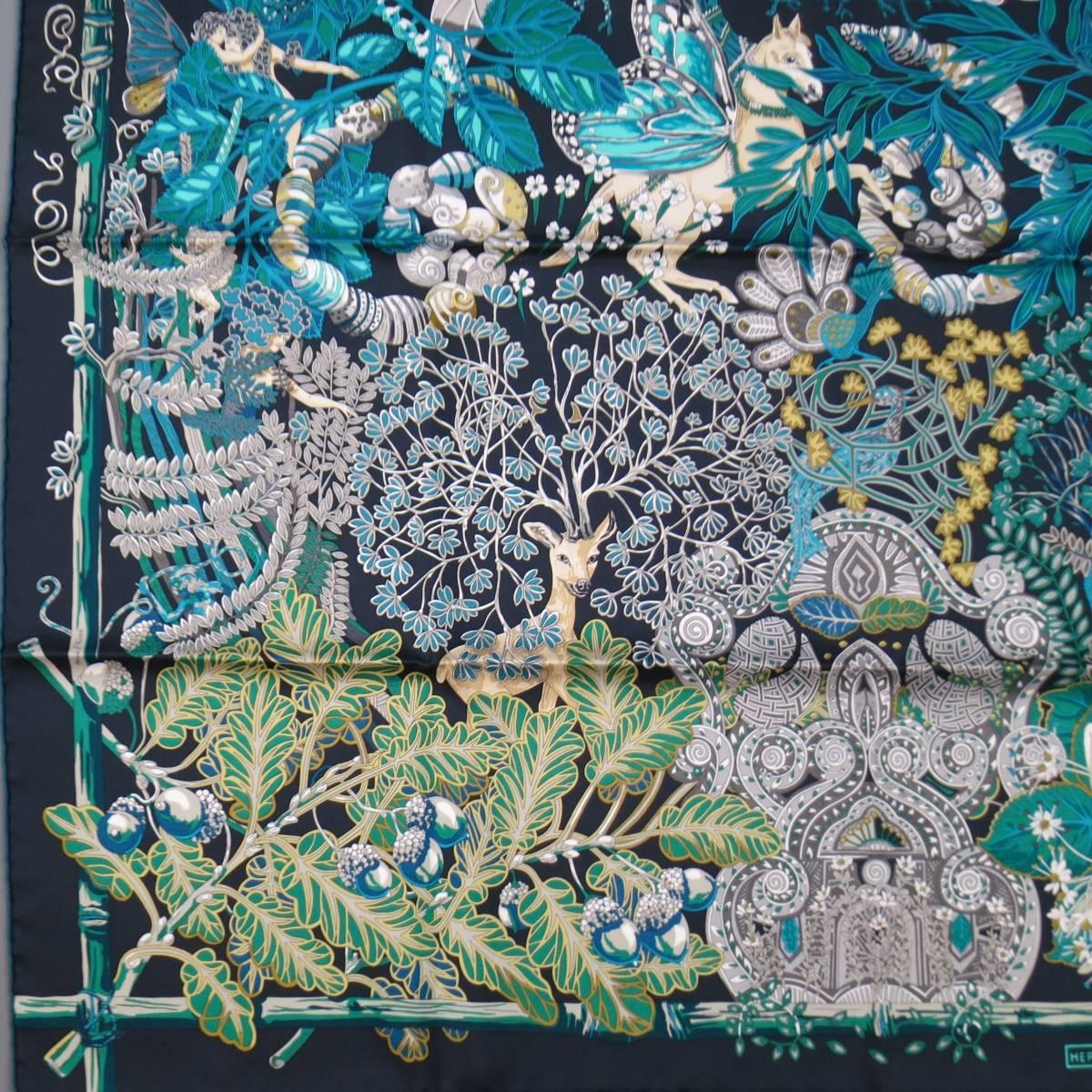 HERMES Black Blue & Green Silk 'Mythes et Metamorphoses' Scarf 1