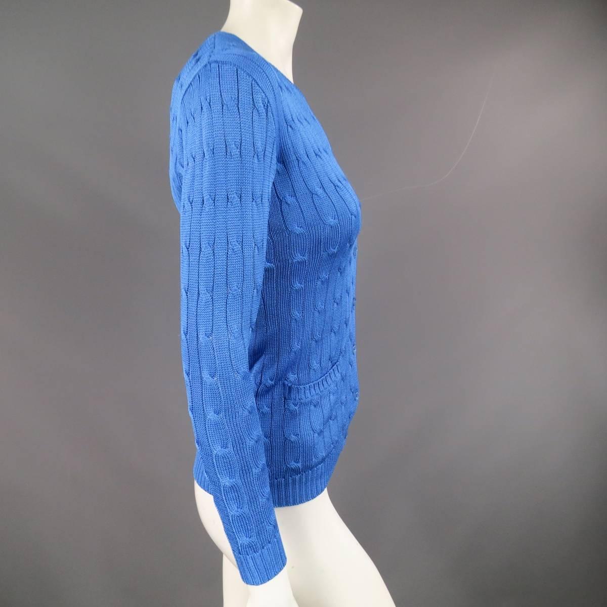 RALPH LAUREN BLACK LABEL Blue Silk Cable Knit Tank Cardigan Twin Set In Excellent Condition In San Francisco, CA