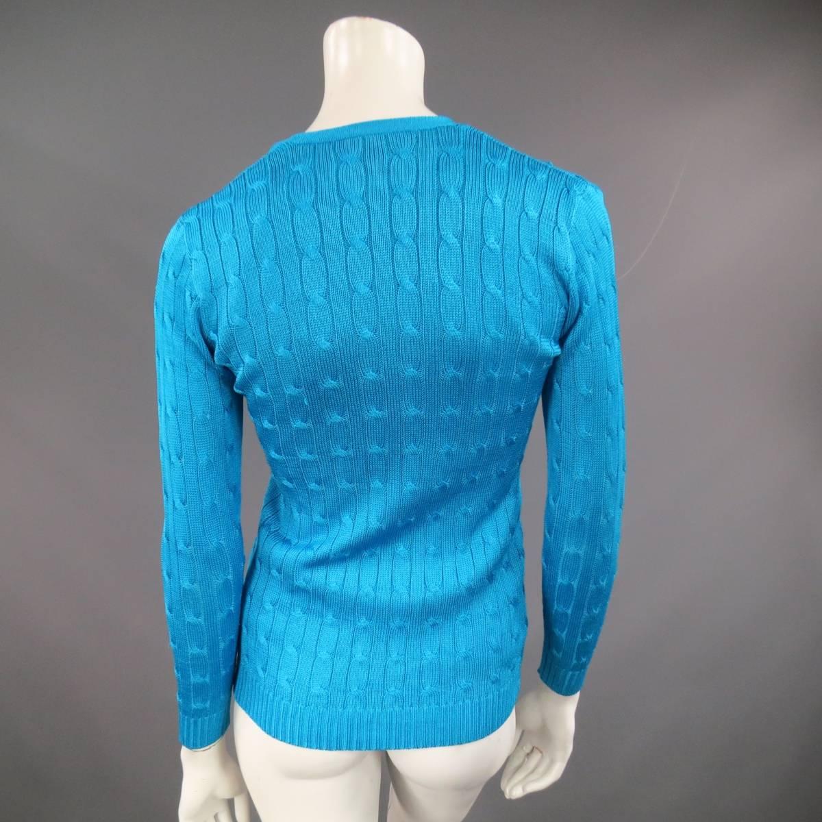 RALPH LAUREN BLACK LABEL Turquoise Blue Silk Cable Knit Tank Cardigan Twin Set In Excellent Condition In San Francisco, CA