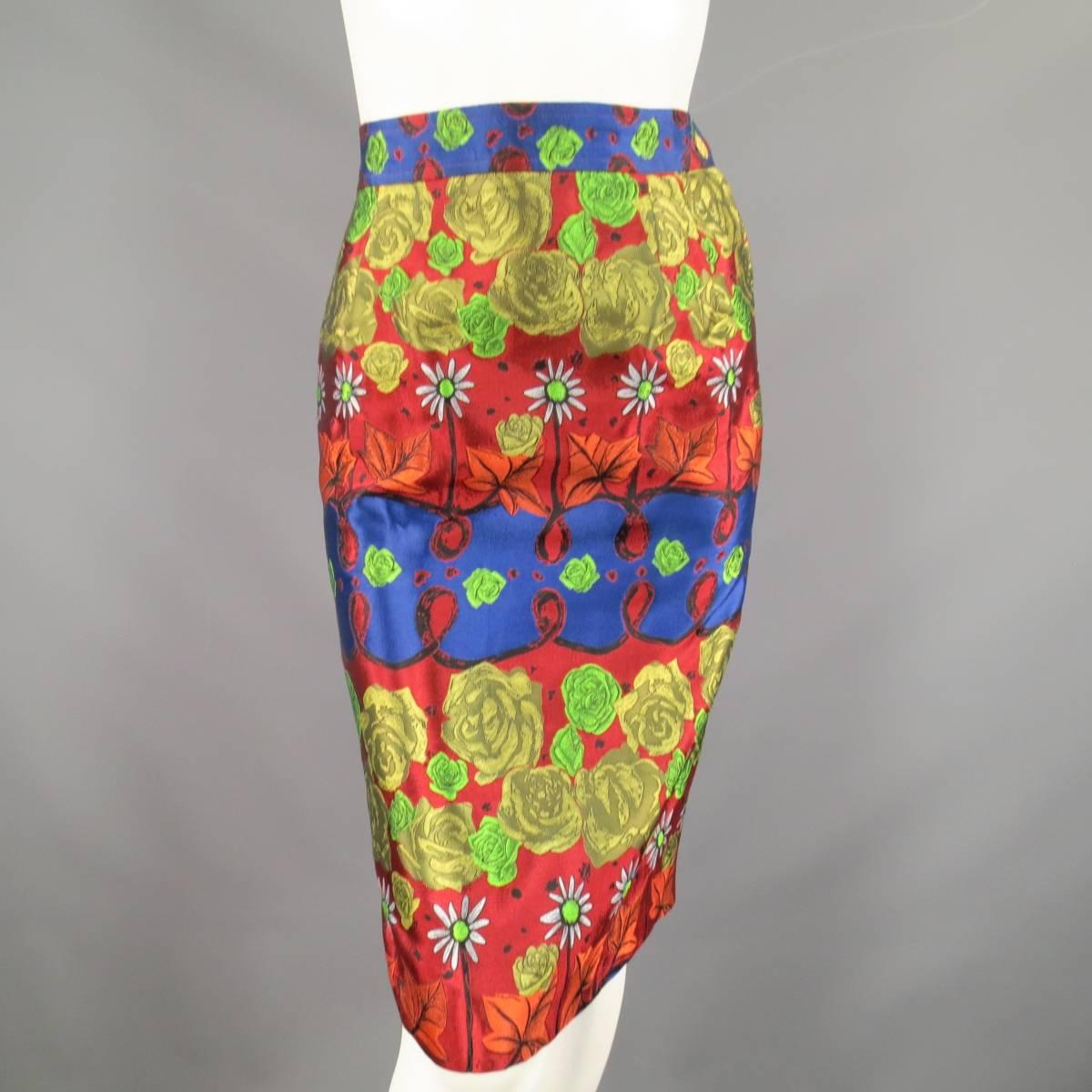 CHRISTIAN LACROIX Red Gold Navy & Green Rose Floral Print Sequin Skirt Suit In Excellent Condition In San Francisco, CA