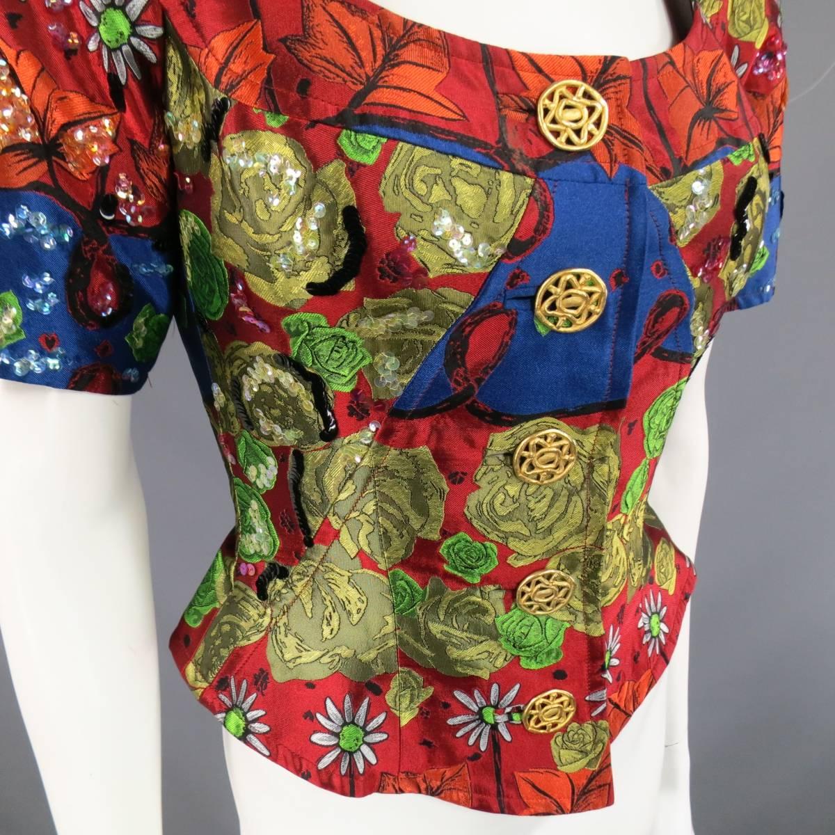 Women's CHRISTIAN LACROIX Red Gold Navy & Green Rose Floral Print Sequin Skirt Suit