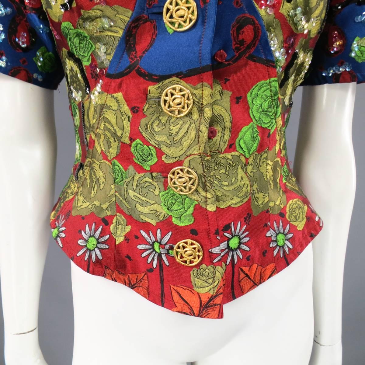CHRISTIAN LACROIX Red Gold Navy & Green Rose Floral Print Sequin Skirt Suit 2