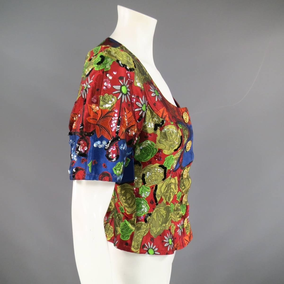 CHRISTIAN LACROIX Red Gold Navy & Green Rose Floral Print Sequin Skirt Suit 3