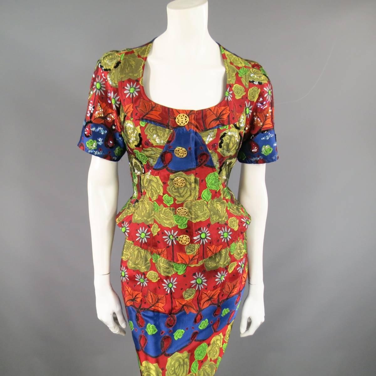 This stunning archival CHRISTIAN LACROIX skirt suit comes in a gorgeous metallic red and navy satin with yellow and green rose and daisy floral print and includes a structured short sleeved, scoop neck jacket with gold buttons and matching pencil
