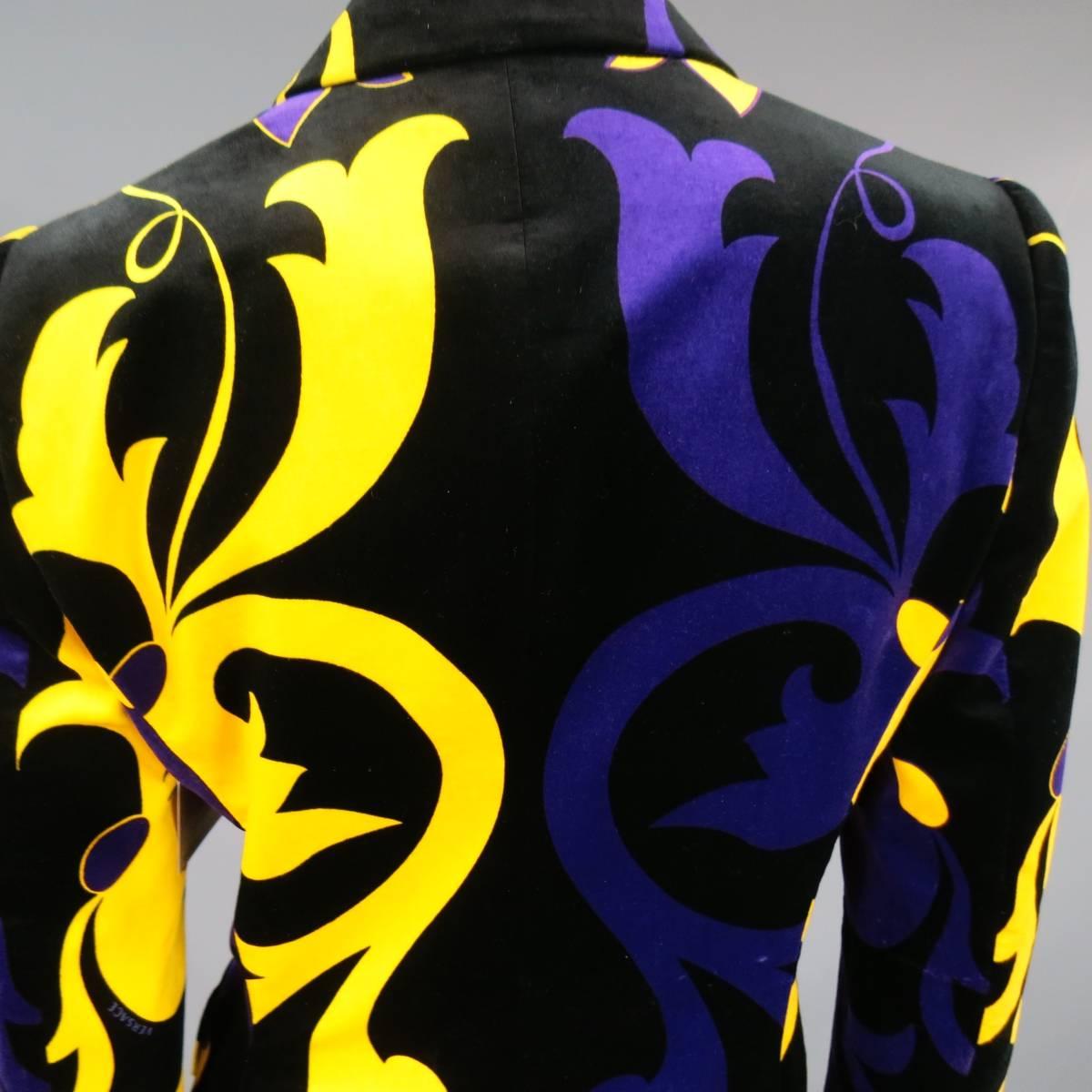 VERSACE Size 6 Black Gold Yellow & Violet Purple Floral Velvet Blazer 3