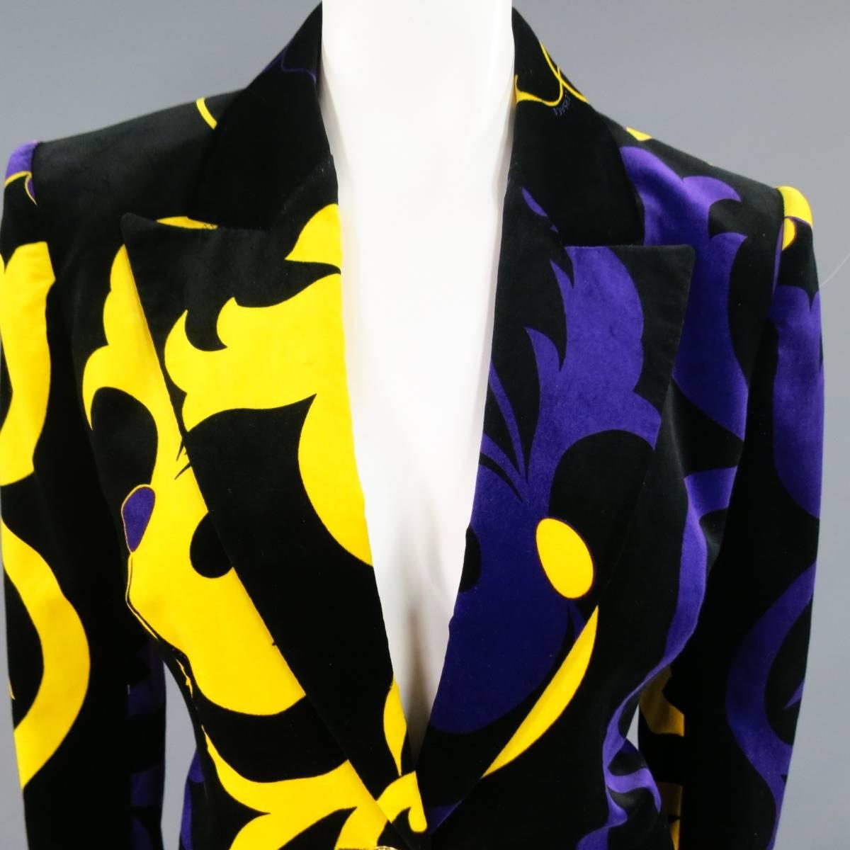 Women's VERSACE Size 6 Black Gold Yellow & Violet Purple Floral Velvet Blazer