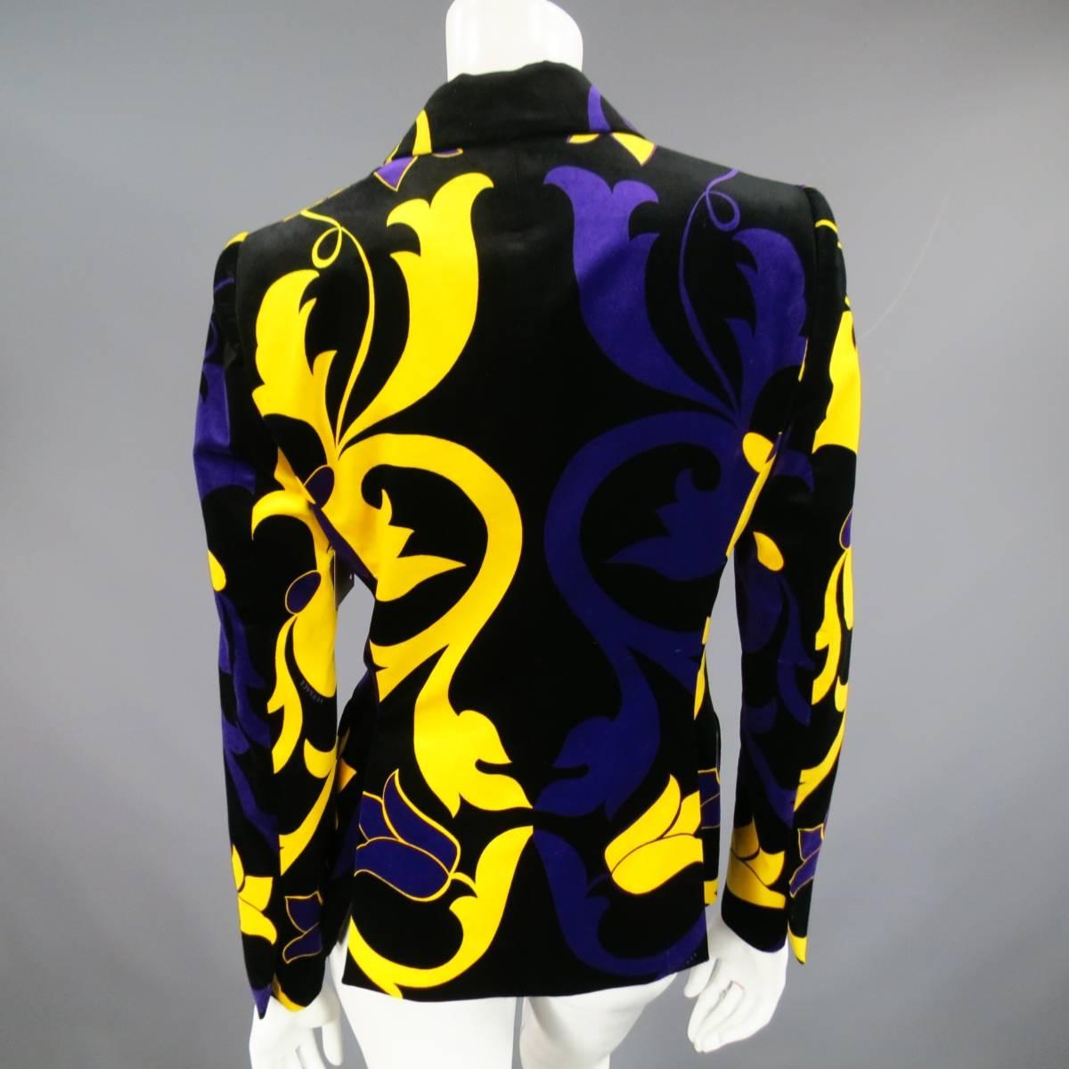 VERSACE Size 6 Black Gold Yellow & Violet Purple Floral Velvet Blazer 2