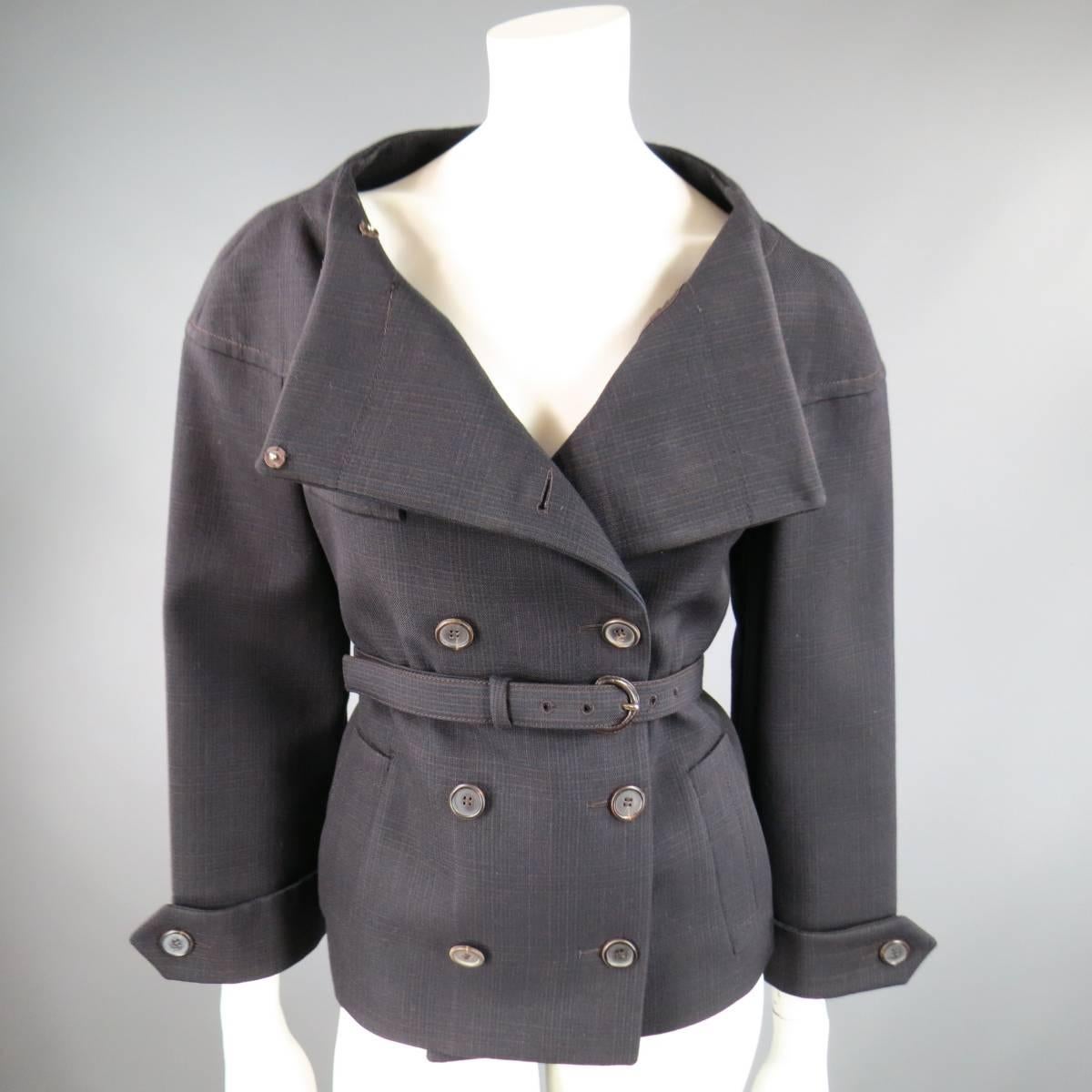 Black PRADA Size 10 Brown & Navy Plaid Wool High Neckline 60's Style Skirt Suit