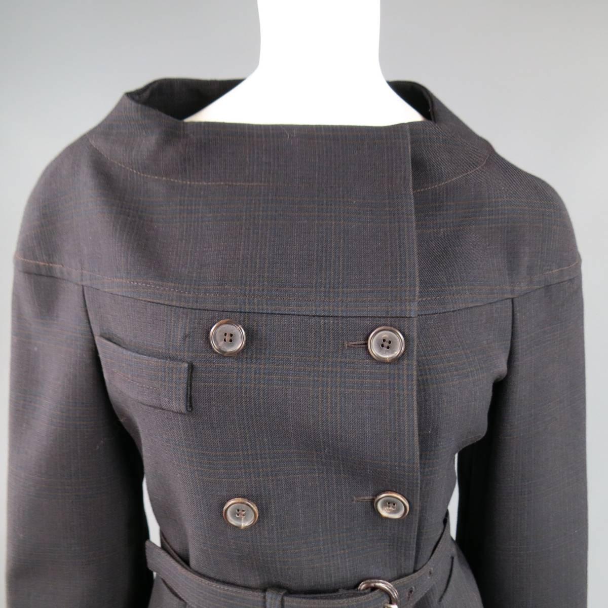 PRADA Size 10 Brown & Navy Plaid Wool High Neckline 60's Style Skirt Suit In Excellent Condition In San Francisco, CA