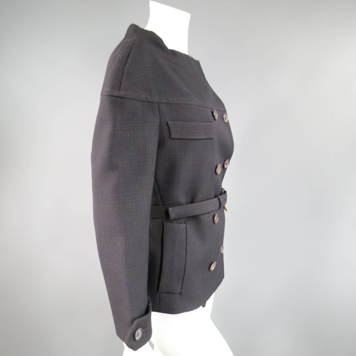 PRADA Size 10 Brown & Navy Plaid Wool High Neckline 60's Style Skirt Suit 1