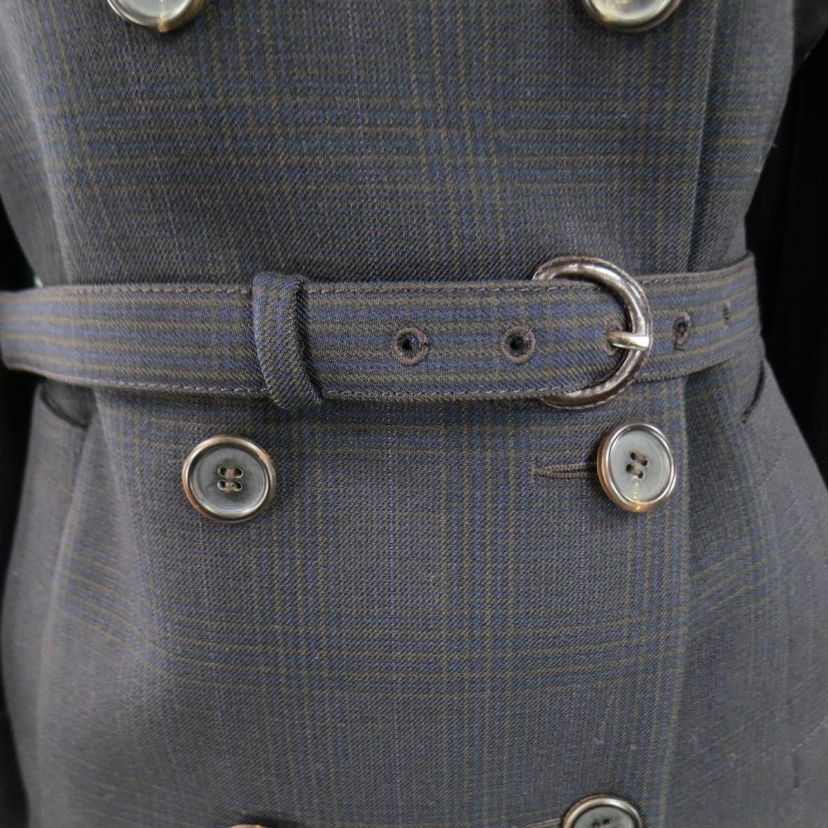 Women's PRADA Size 10 Brown & Navy Plaid Wool High Neckline 60's Style Skirt Suit