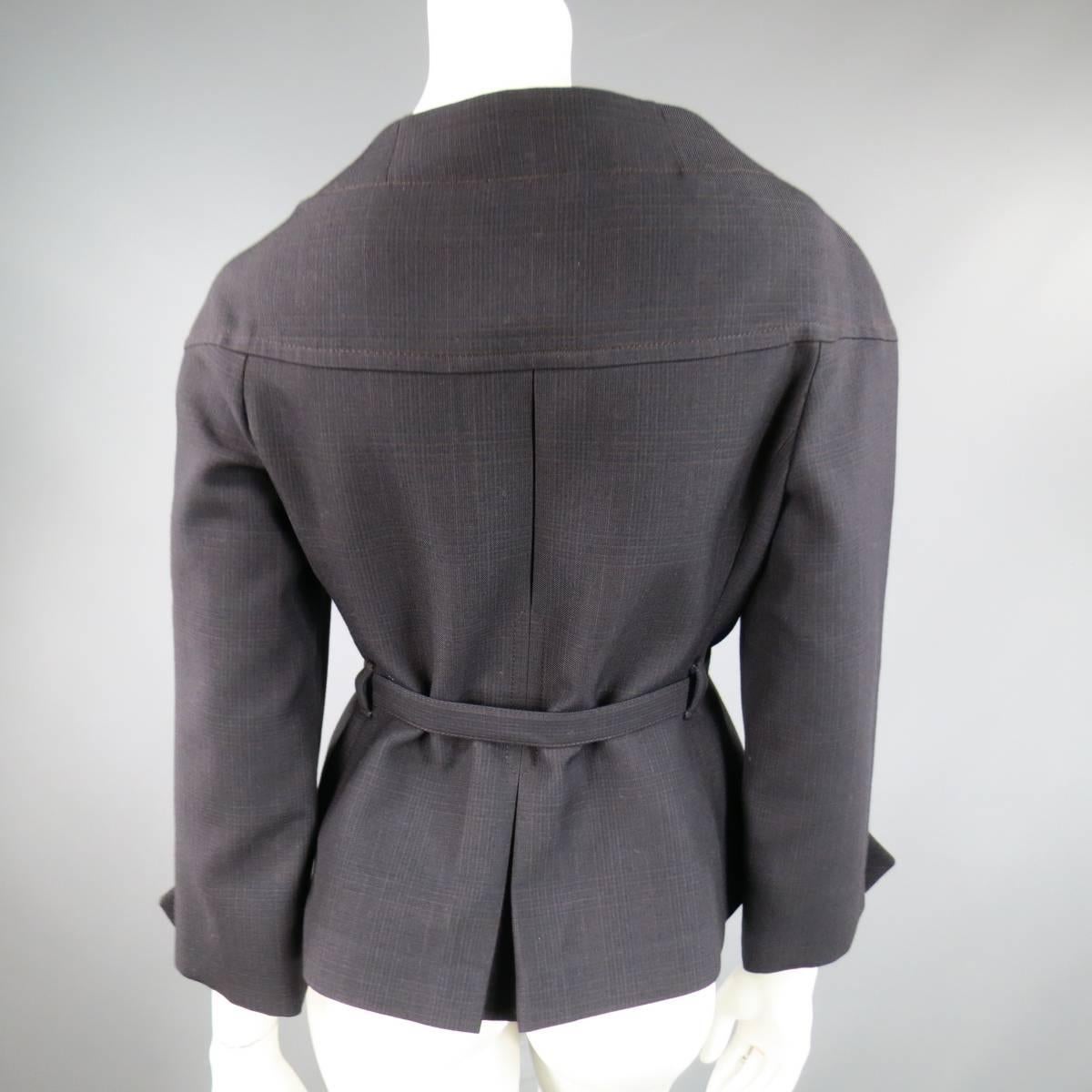 PRADA Size 10 Brown & Navy Plaid Wool High Neckline 60's Style Skirt Suit 4