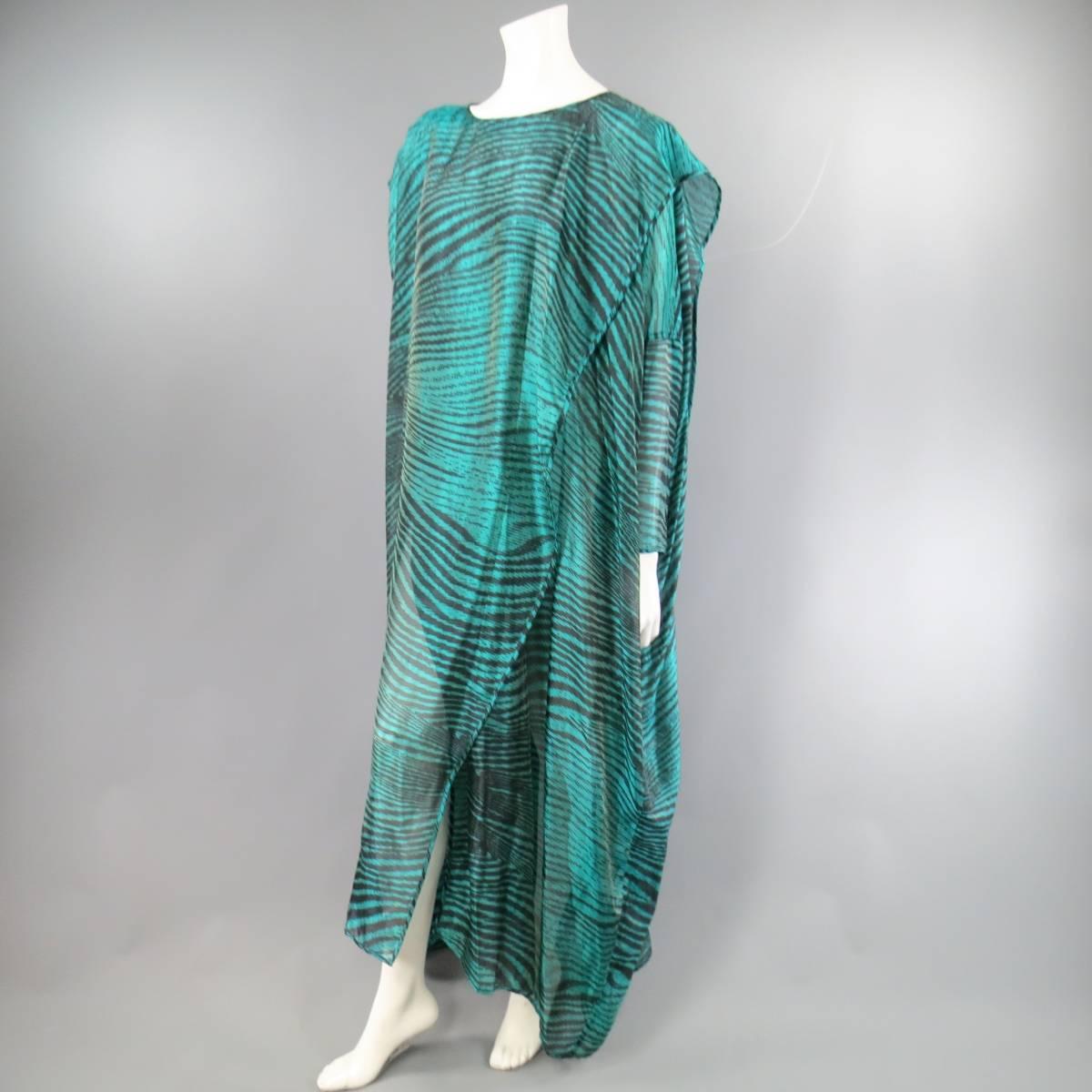 Blue Vintage MISSONI Size M Teal & Black Striped Silk Blend Wrap Caftan Dress