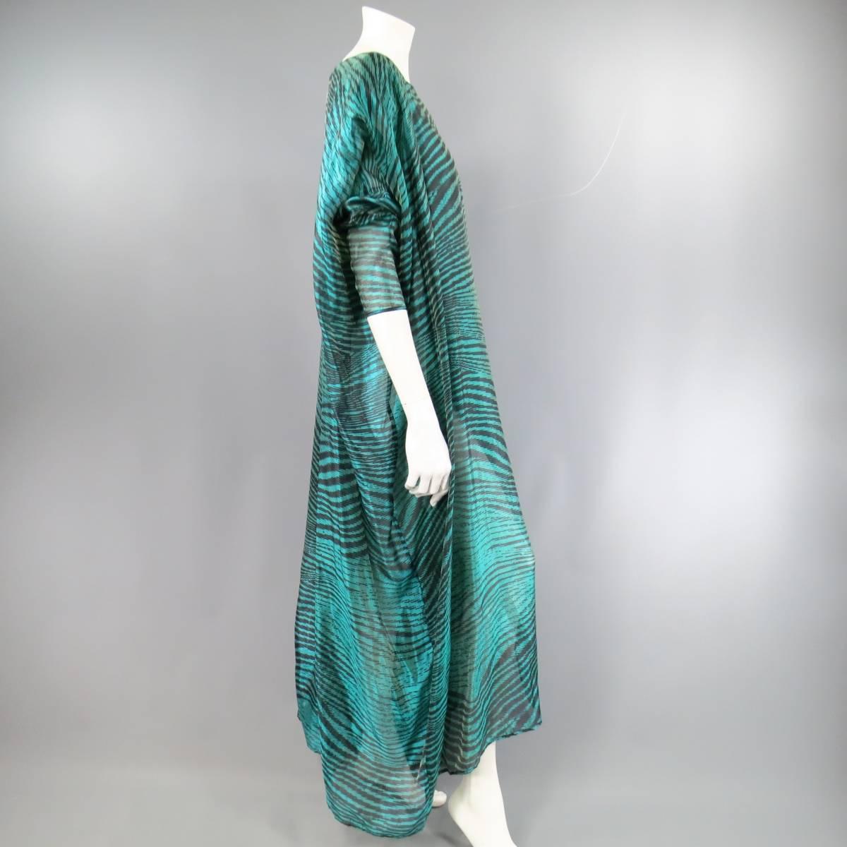 Vintage MISSONI Size M Teal & Black Striped Silk Blend Wrap Caftan Dress 1
