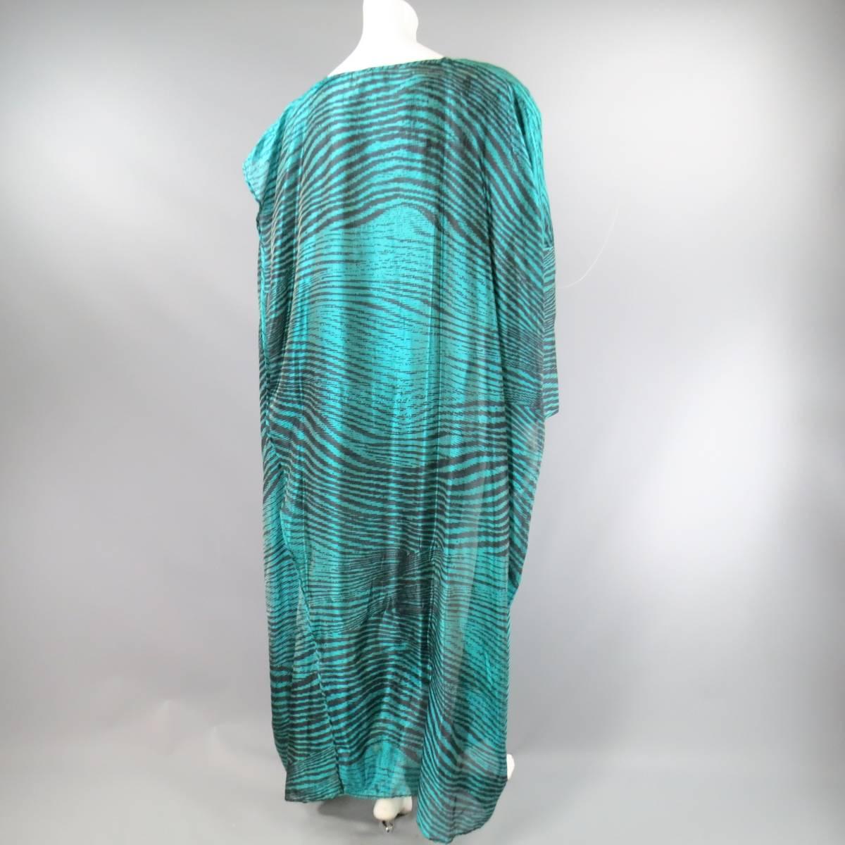 Vintage MISSONI Size M Teal & Black Striped Silk Blend Wrap Caftan Dress 3