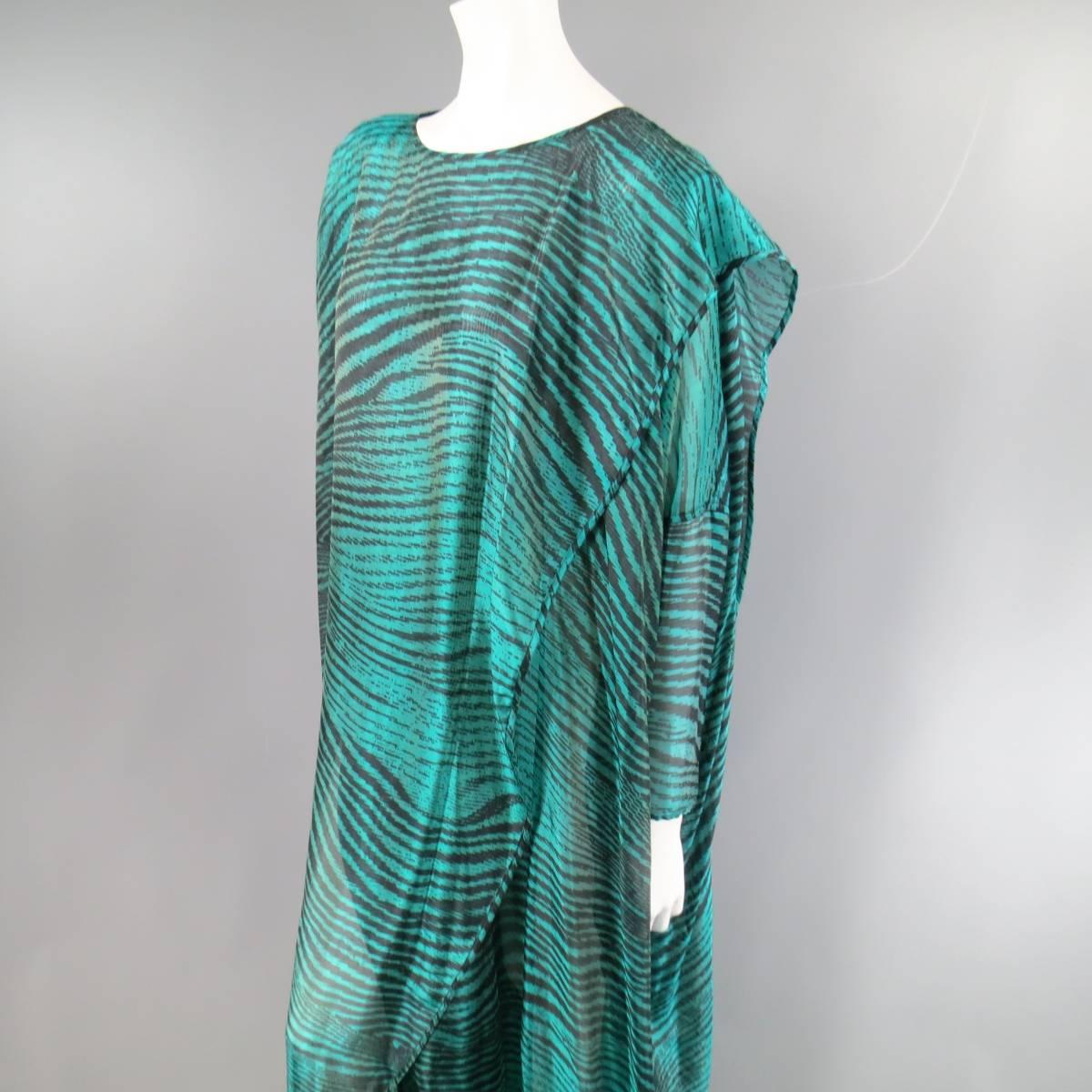 Vintage MISSONI Size M Teal & Black Striped Silk Blend Wrap Caftan Dress In Excellent Condition In San Francisco, CA