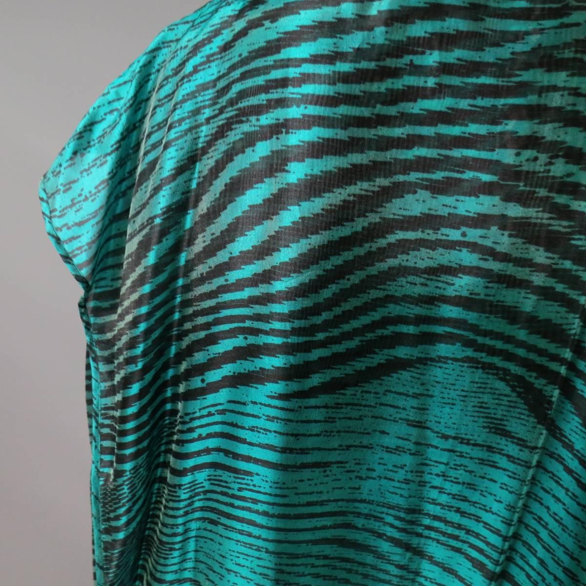 Vintage MISSONI Size M Teal & Black Striped Silk Blend Wrap Caftan Dress 4