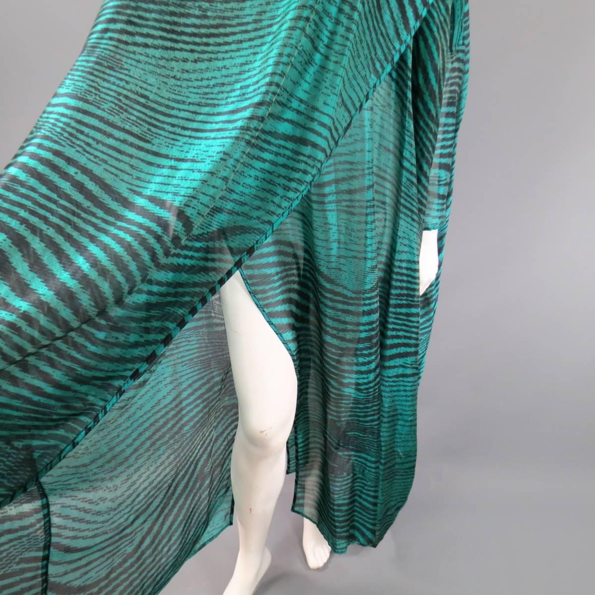 Vintage MISSONI Size M Teal & Black Striped Silk Blend Wrap Caftan Dress 2