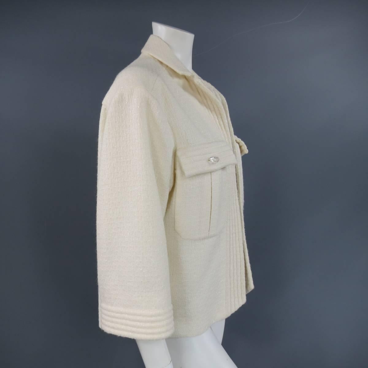 Women's CHANEL Size 8 Off White Sparkle Wool / Nylon Crystal Pocket Open Front Jacket