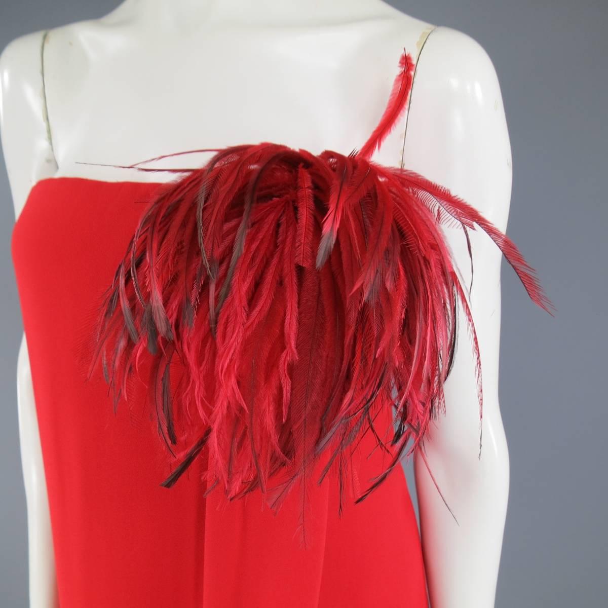 VALENTINO Size 6 Red Silk Strapless Feather Applique Wrap Dress with Sash In Good Condition In San Francisco, CA