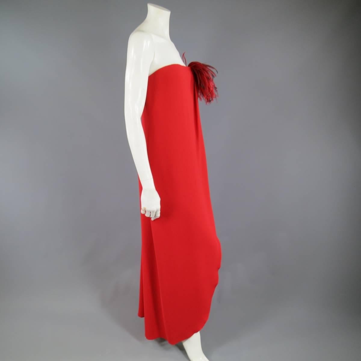 Men's VALENTINO Size 6 Red Silk Strapless Feather Applique Wrap Dress with Sash