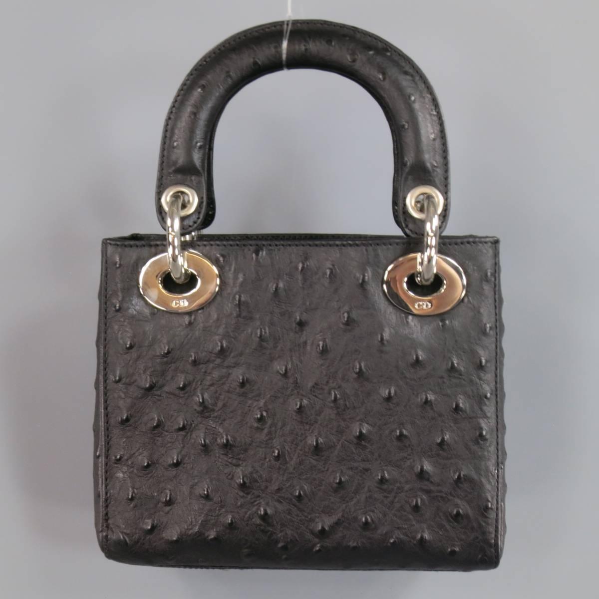 Women's CHRISTIAN DIOR Black Ostrich leather Mini Lady Dior Shoulder Strap Bag