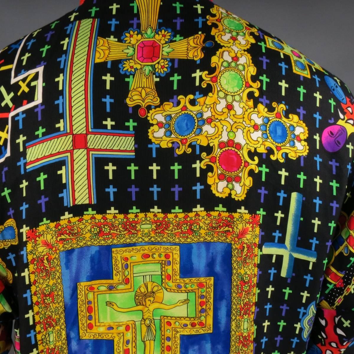 Gianni Versace Shirt - Vintage - Multicolor Silk Mardi Gras Crucifix Cross  3