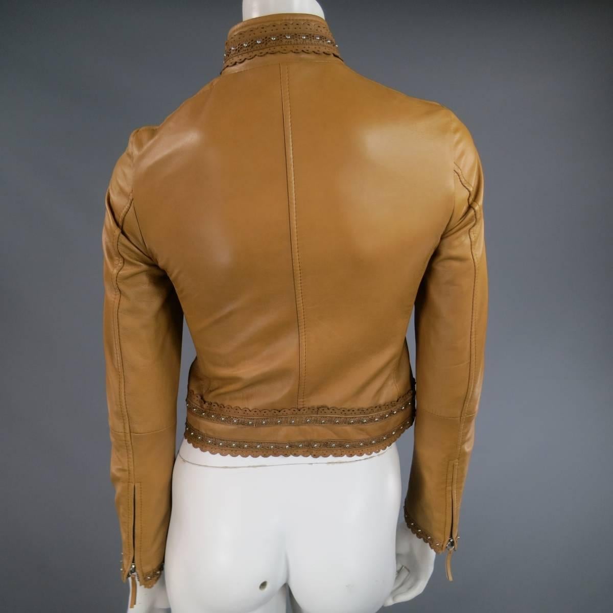 GIANFRANCO FERRE Size 2 Beige Studded Lace Trim Leather Motorcycle Jacket 2