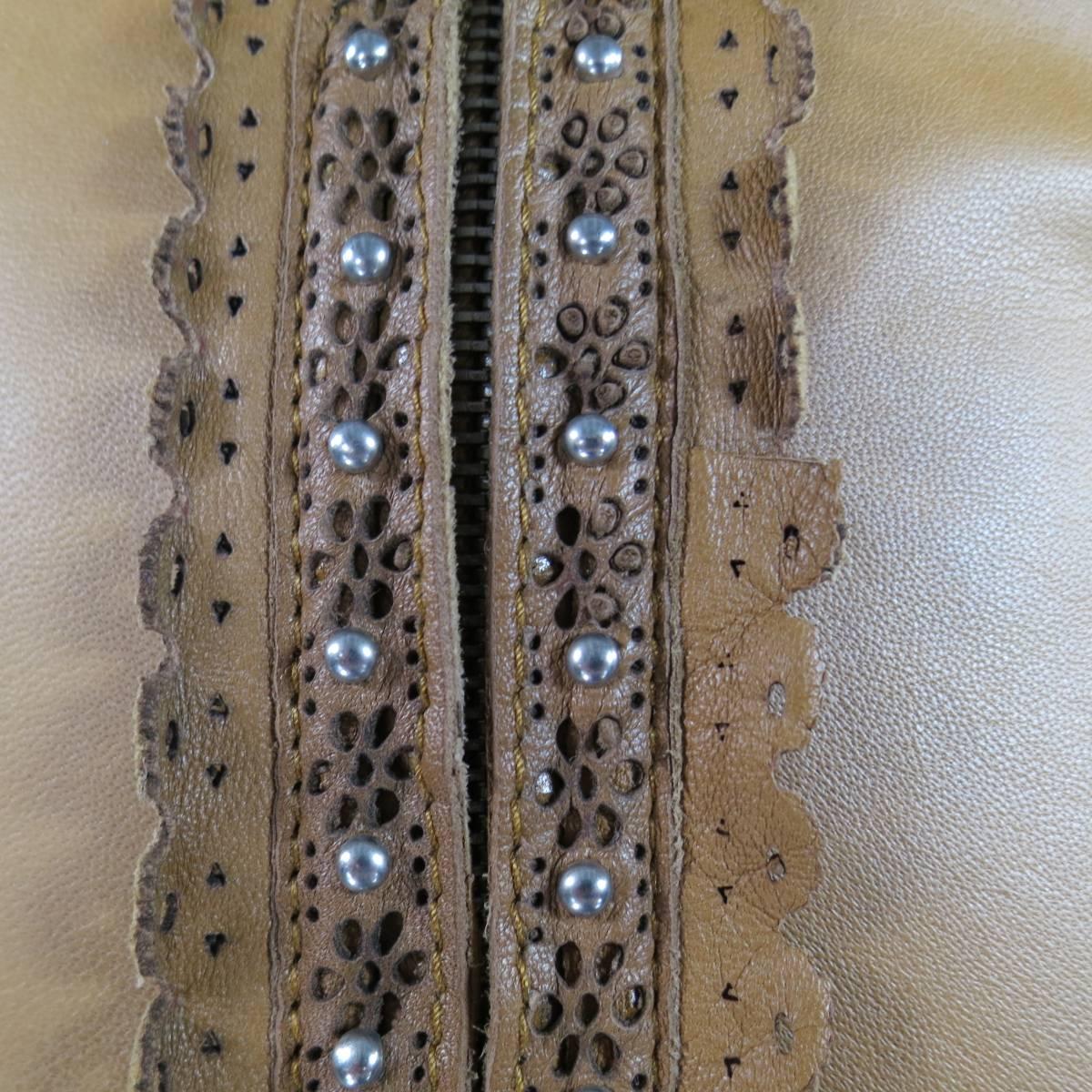 GIANFRANCO FERRE Size 2 Beige Studded Lace Trim Leather Motorcycle Jacket In Fair Condition In San Francisco, CA