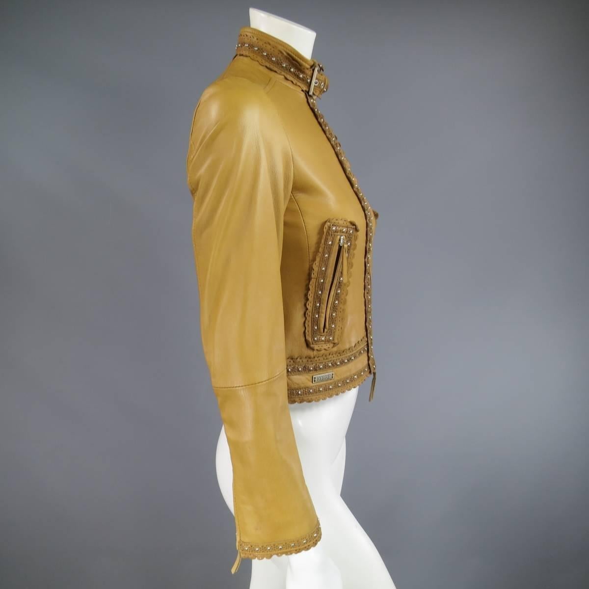 GIANFRANCO FERRE Size 2 Beige Studded Lace Trim Leather Motorcycle Jacket 5