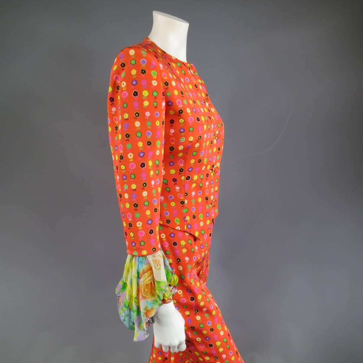 GIANNI VERSACE Size 6 Orange Floral Print Silk Collarless Ruffle Cuff Suit 2